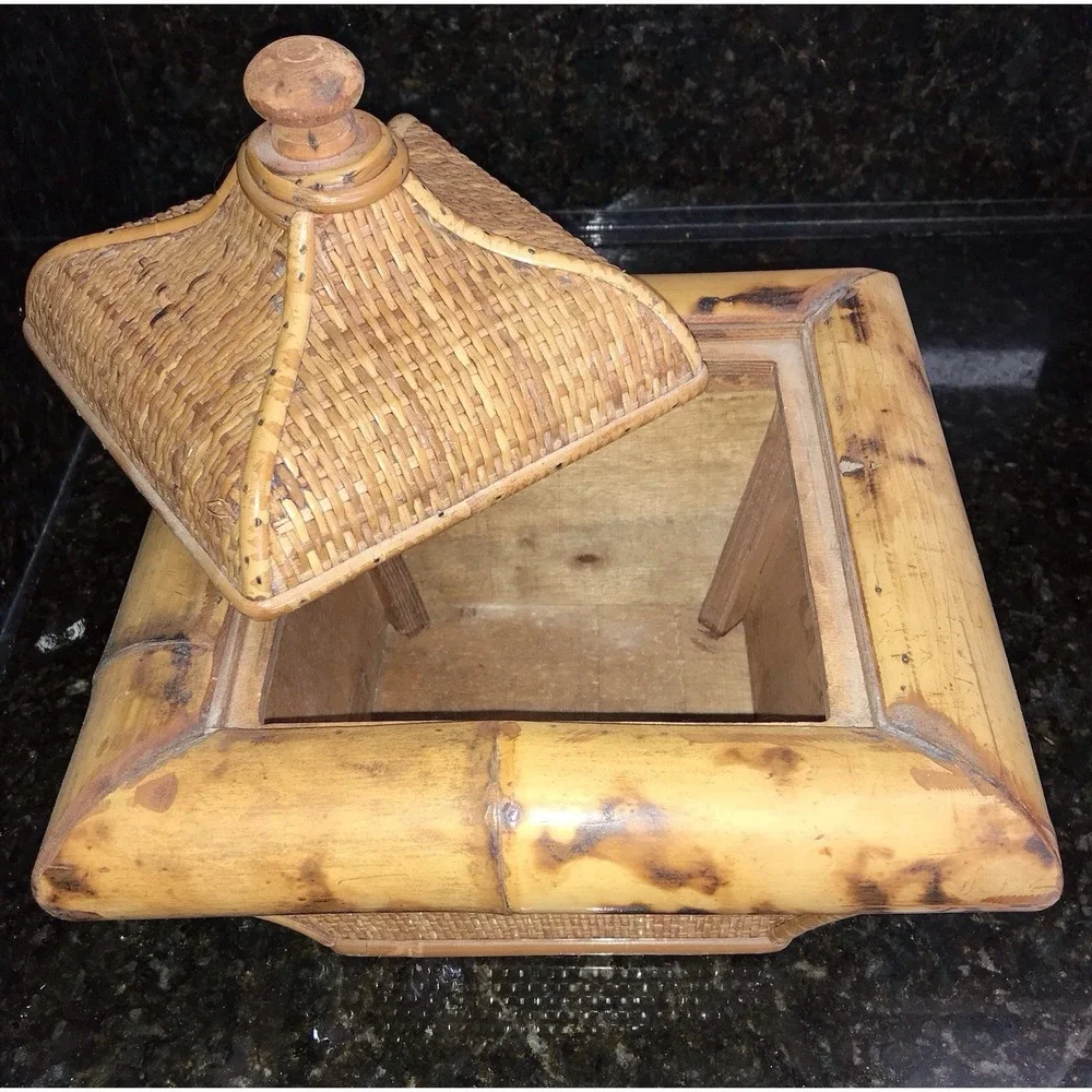 Vintage Wicker Rattan Scorched Bamboo Storage Box With Lid Planter